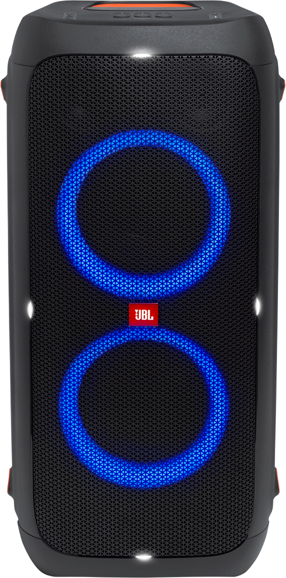 Ein schwarzer JBL PartyBox-Lautsprecher mit blauen Lichtern auf der Vorderseite.