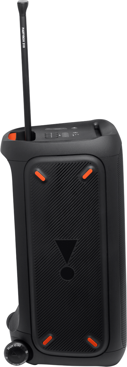 Schwarzer JBL PartyBox-Lautsprecher, Seitenansicht, mit orangefarbenen Akzenten und einem Griff.
