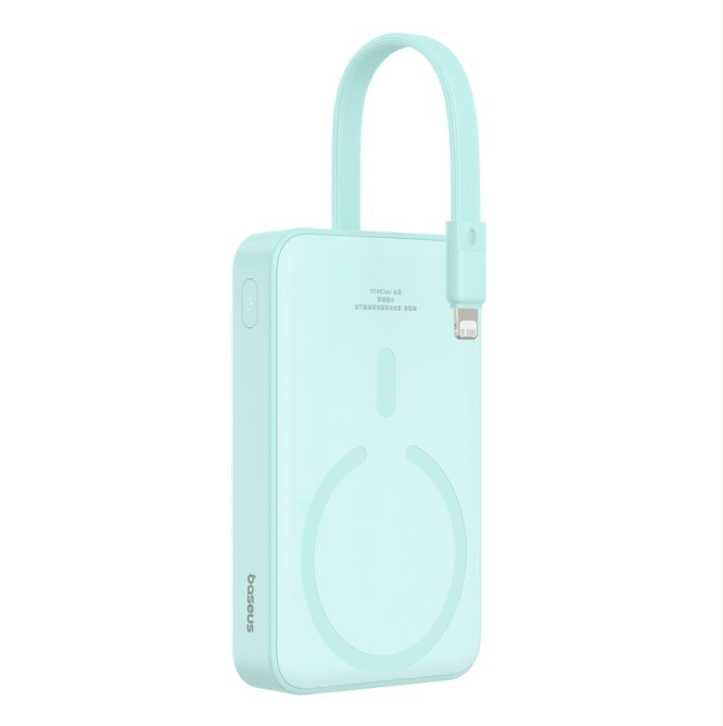 Bir döngü ve Lightning konektörlü açık mavi bir powerbank. Bir güç düğmesi vardır ve "baseus" markası görünür.