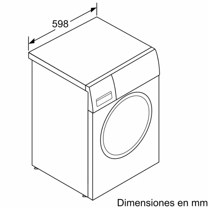 Dibujo isométrico de una lavadora con dimensiones etiquetadas.