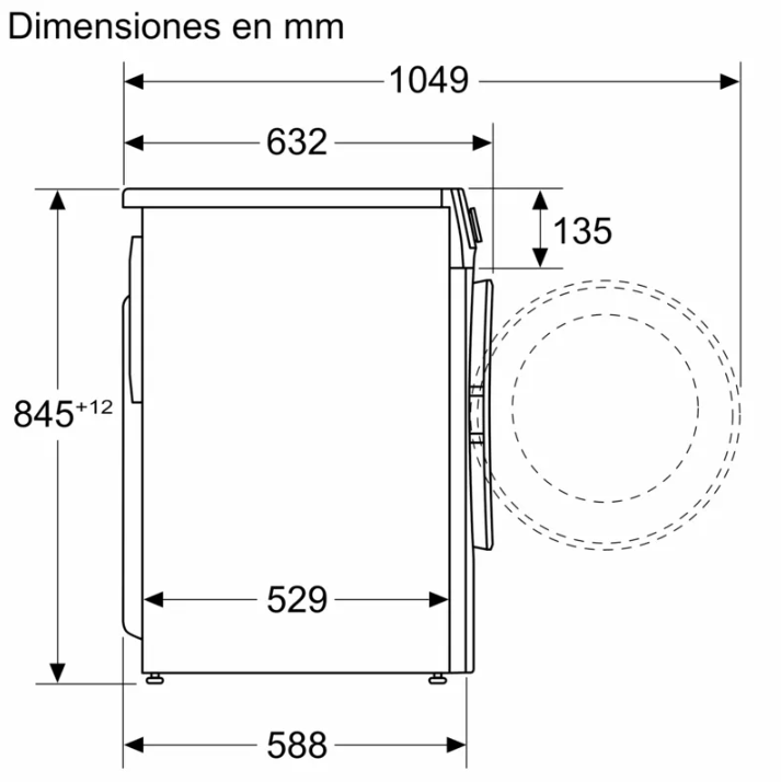 Vista lateral de una lavadora blanca con dimensiones en mm. La puerta está abierta.