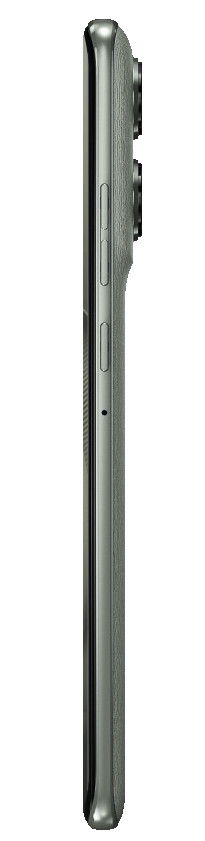 Widok z boku zielonego smartfona. Widoczne są przyciski, obiektywy aparatu i teksturowany tył. Telefon jest na białym tle.