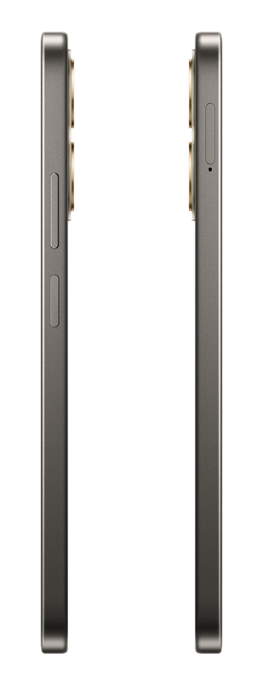 Dwa widoki boczne smartfona. Telefon ma przyciski zasilania i głośności.