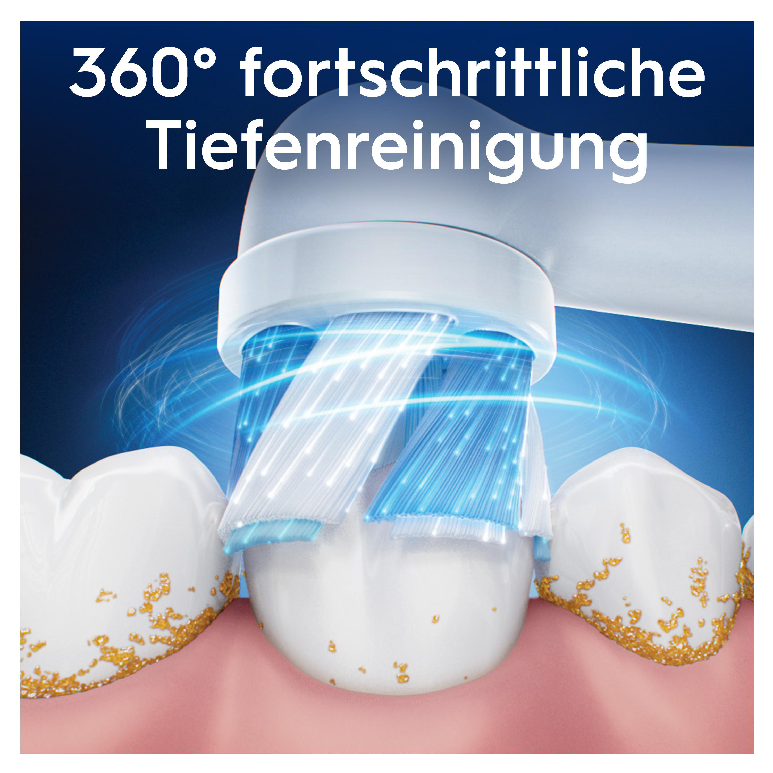 Nahaufnahme eines elektrischen Zahnbürstenkopfes, der Zähne mit blauen und weißen Borsten reinigt.