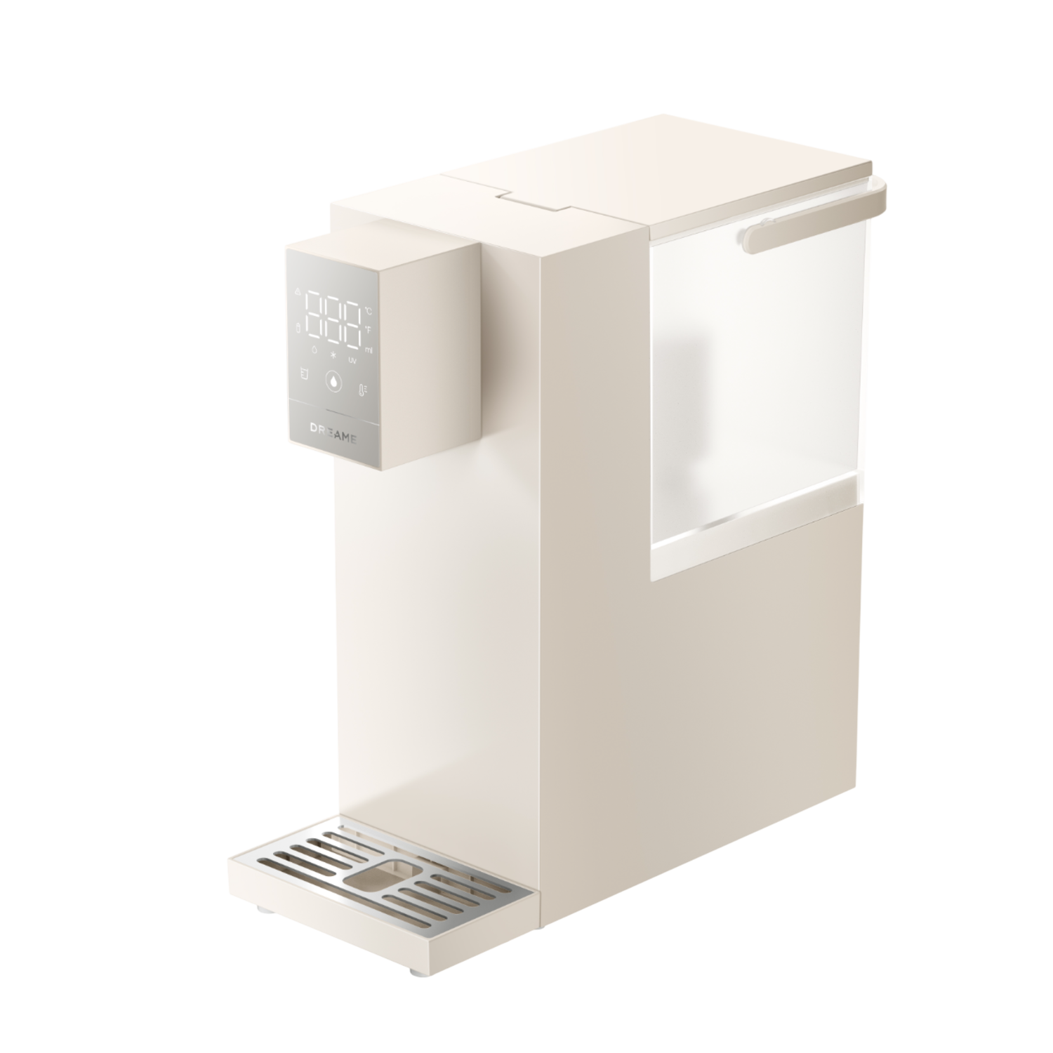 Een beige waterdispenser met een digitaal display. Onderaan een kleine waterbak.