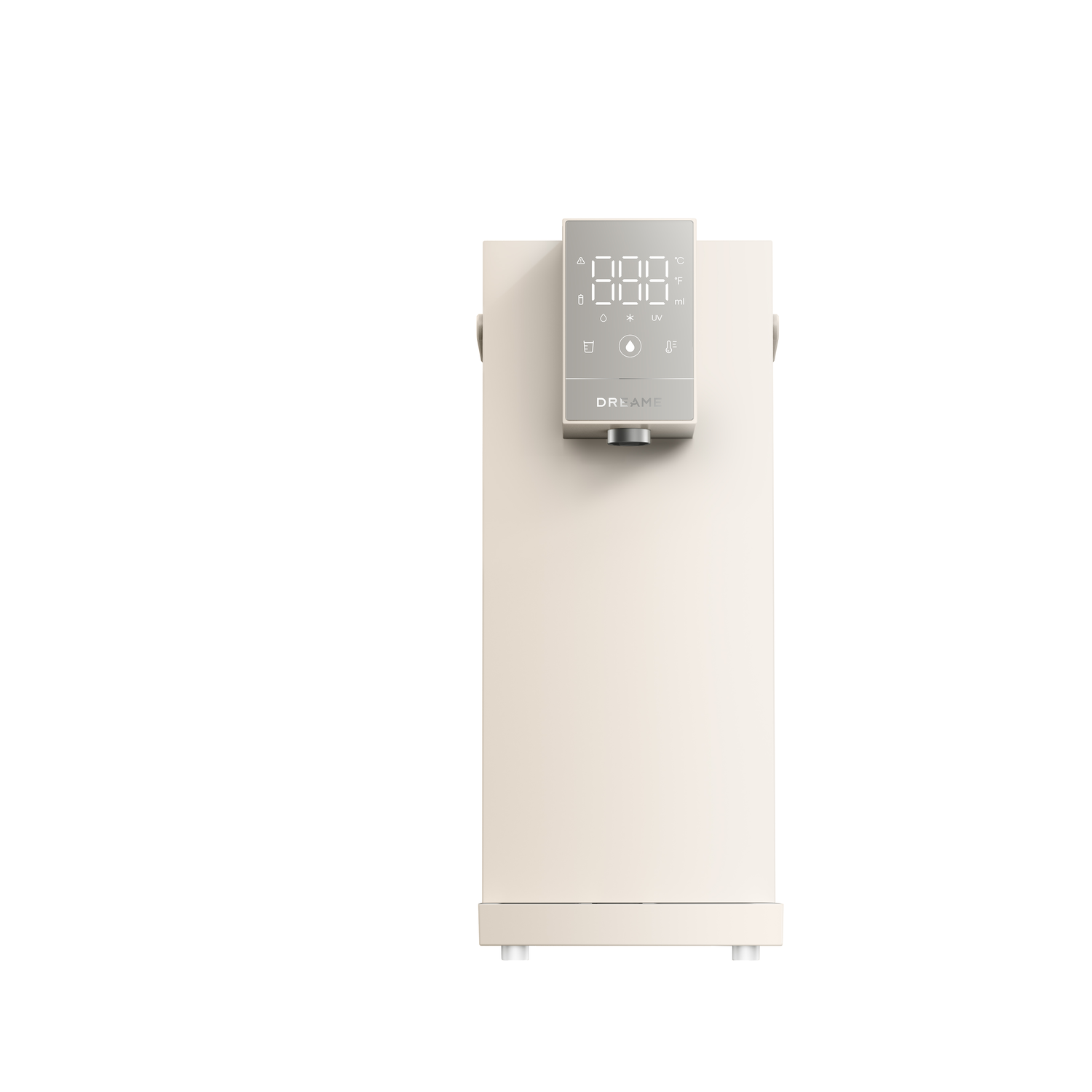 Een beige waterdispenser met een digitaal display. Het display toont verschillende instellingen.
