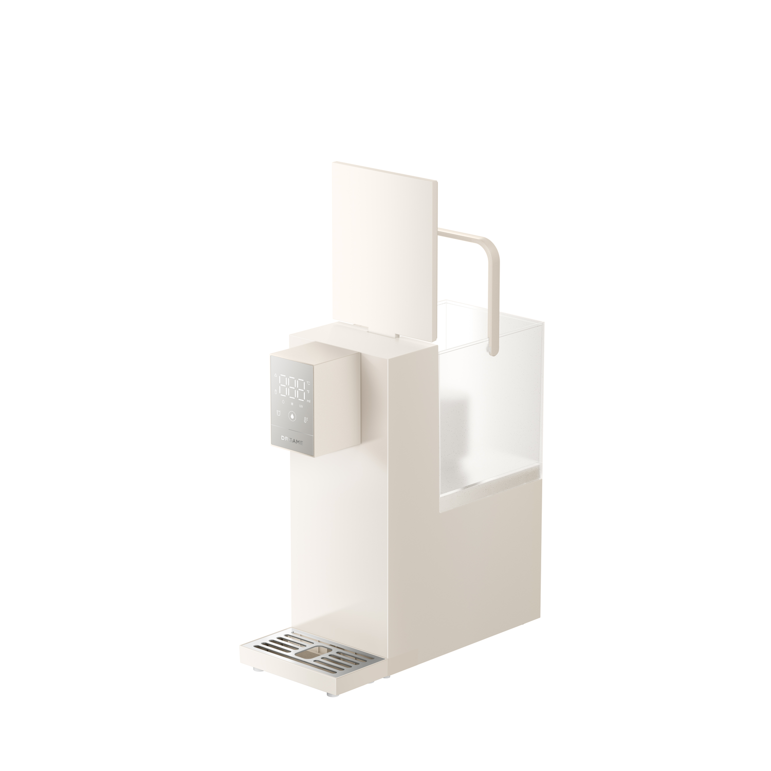 Een beige waterdispenser met een digitaal display. De watertank is aan de zijkant zichtbaar.