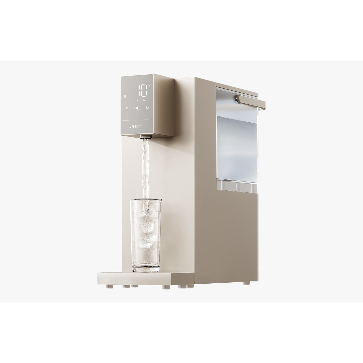 Beige waterdispenser die water in een glas met ijs giet. De merknaam is Dreame.