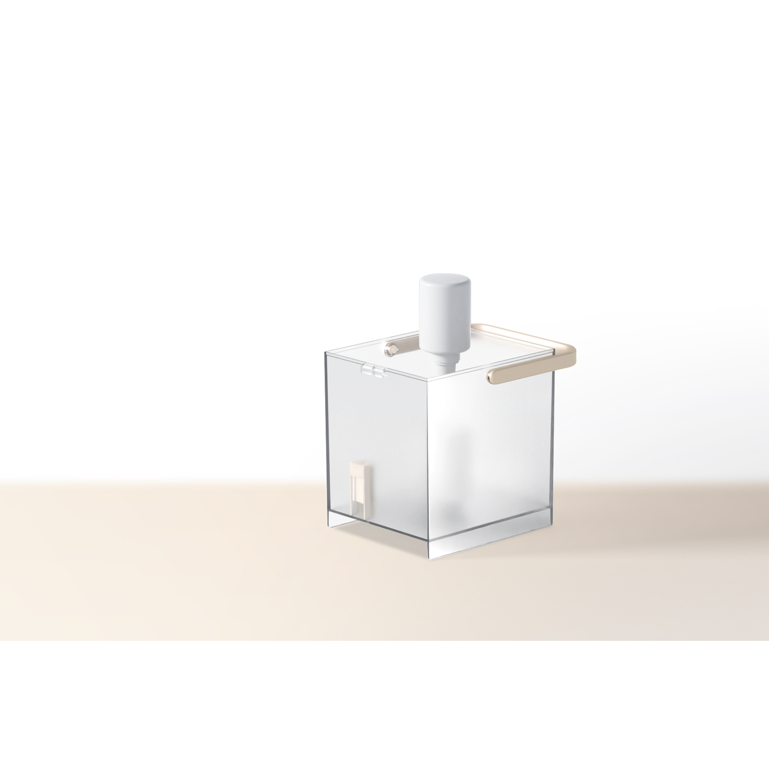 Transparante vierkante container met een witte cilinder bovenop en een gouden handvat.