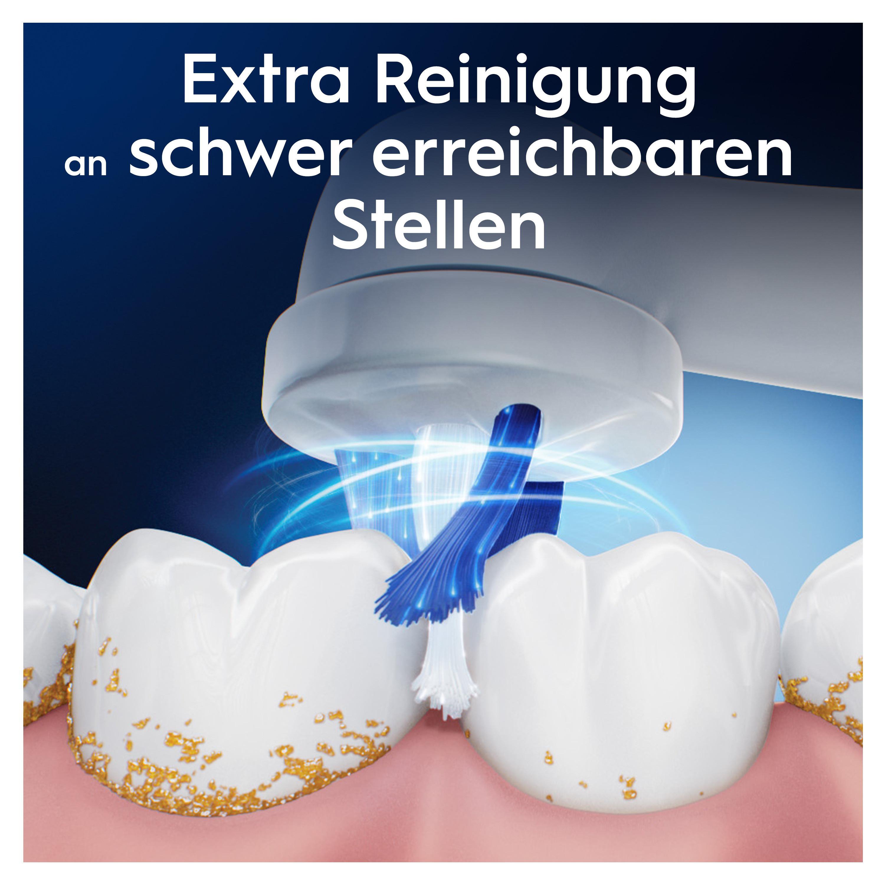 Nahaufnahme von Zähnen mit einer Zahnbürste, die reinigt. Der Text lautet: 'Extra Reinigung an schwer erreichbaren Stellen'.