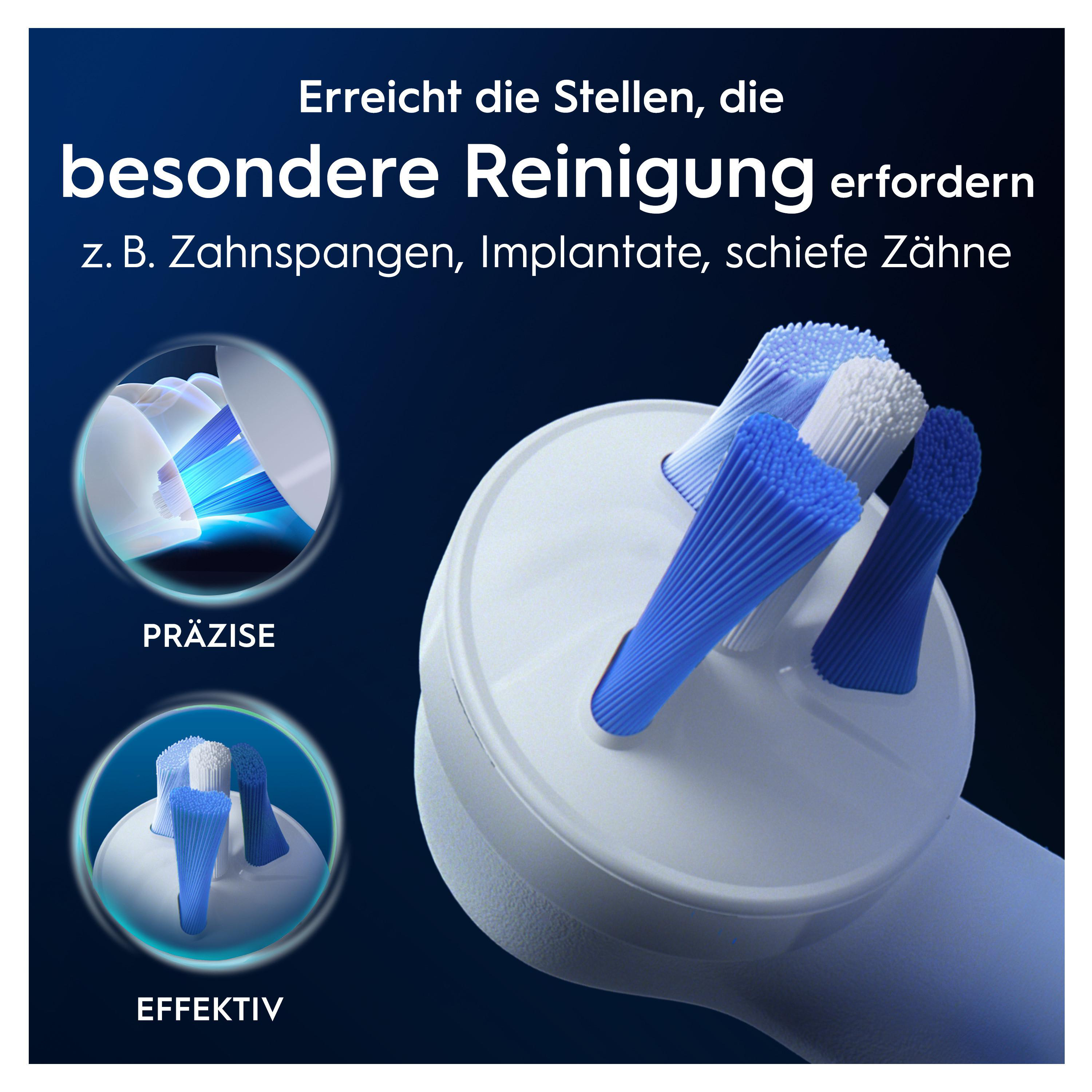 Nahaufnahme einer Zahnbürste, die Zähne putzt. Der Text lautet: 'Erreicht Bereiche, die eine besondere Reinigung erfordern'.
