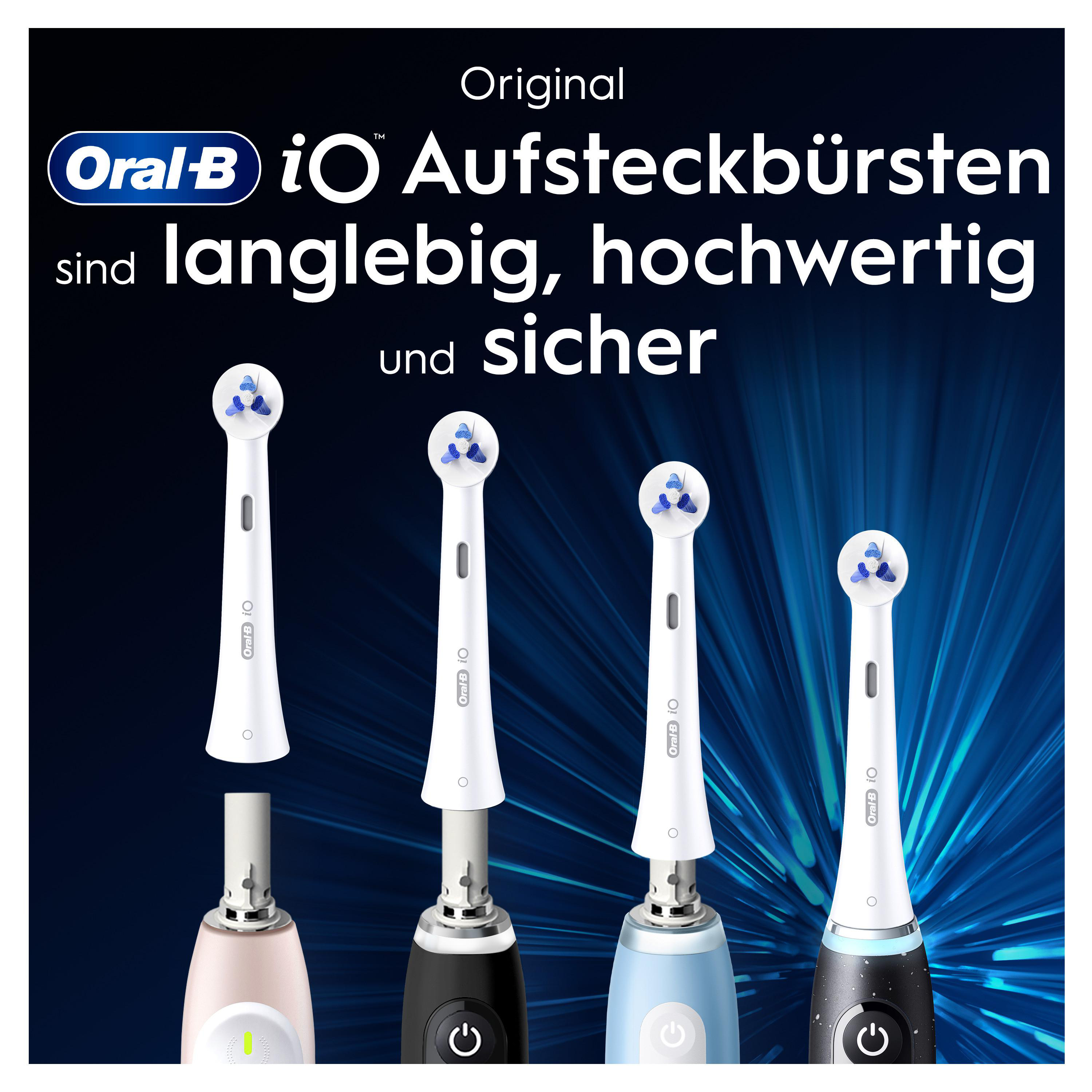 Verschiedene Zahnbürstenköpfe auf Griffen. Der Text lautet: 'Original Oral-B iO Aufsteckbürsten sind langlebig und sicher'.