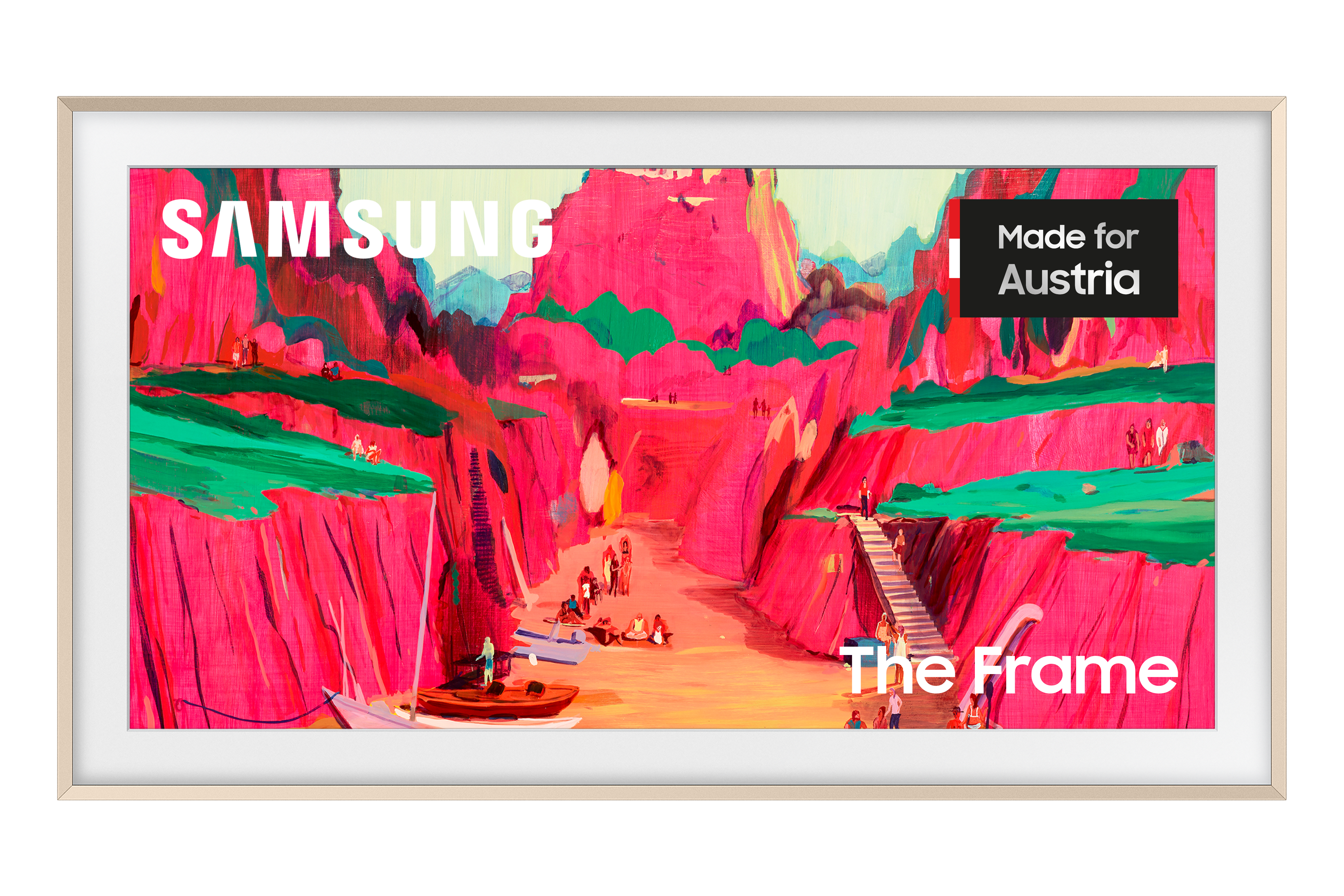 Ein Fernsehbildschirm, der ein Gemälde einer Schluchtszene zeigt.