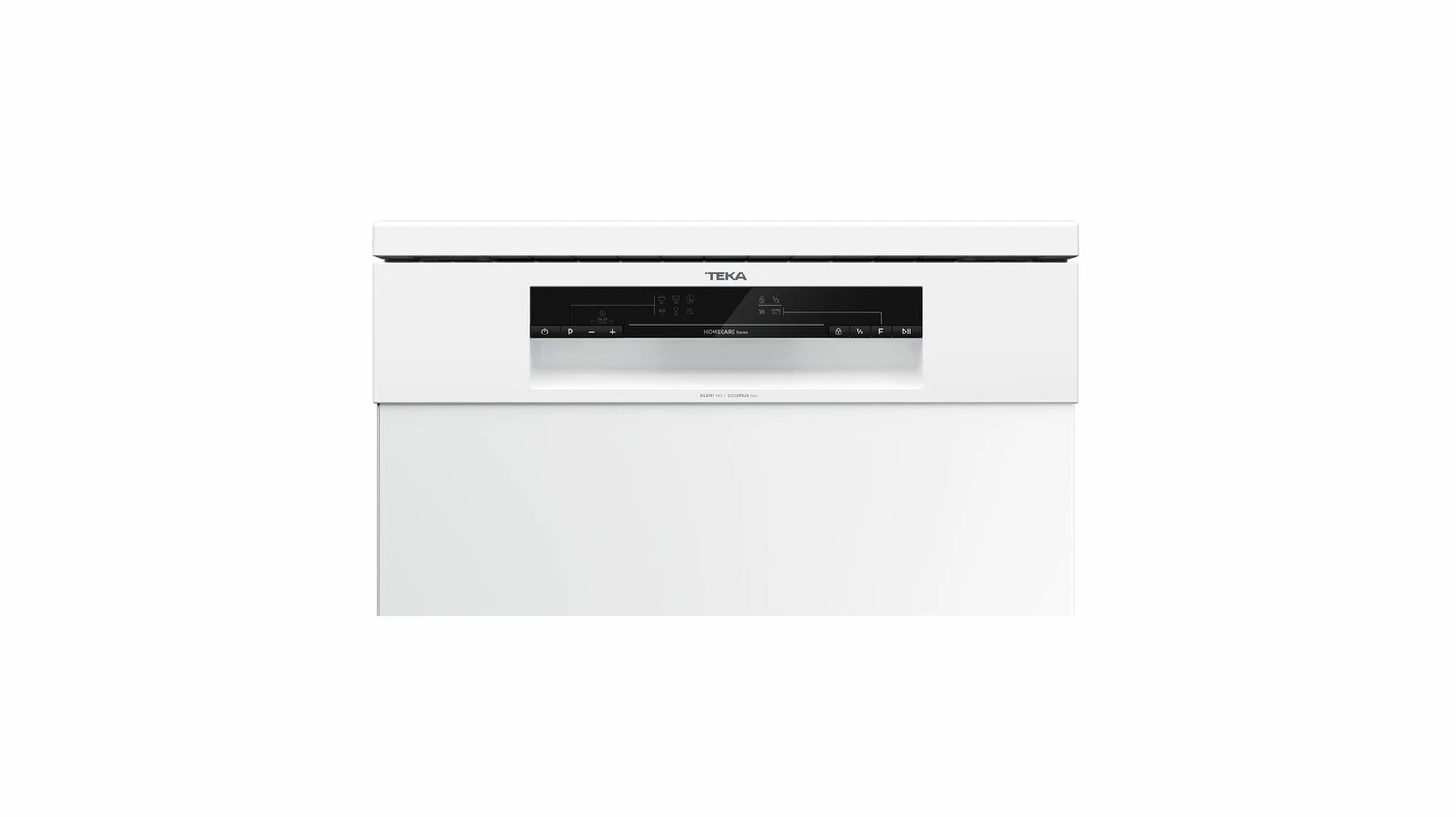 Lavavajillas Teka blanco. Panel de control negro con botones y pantalla. Sección superior con el logotipo de Teka y la serie Homecare.