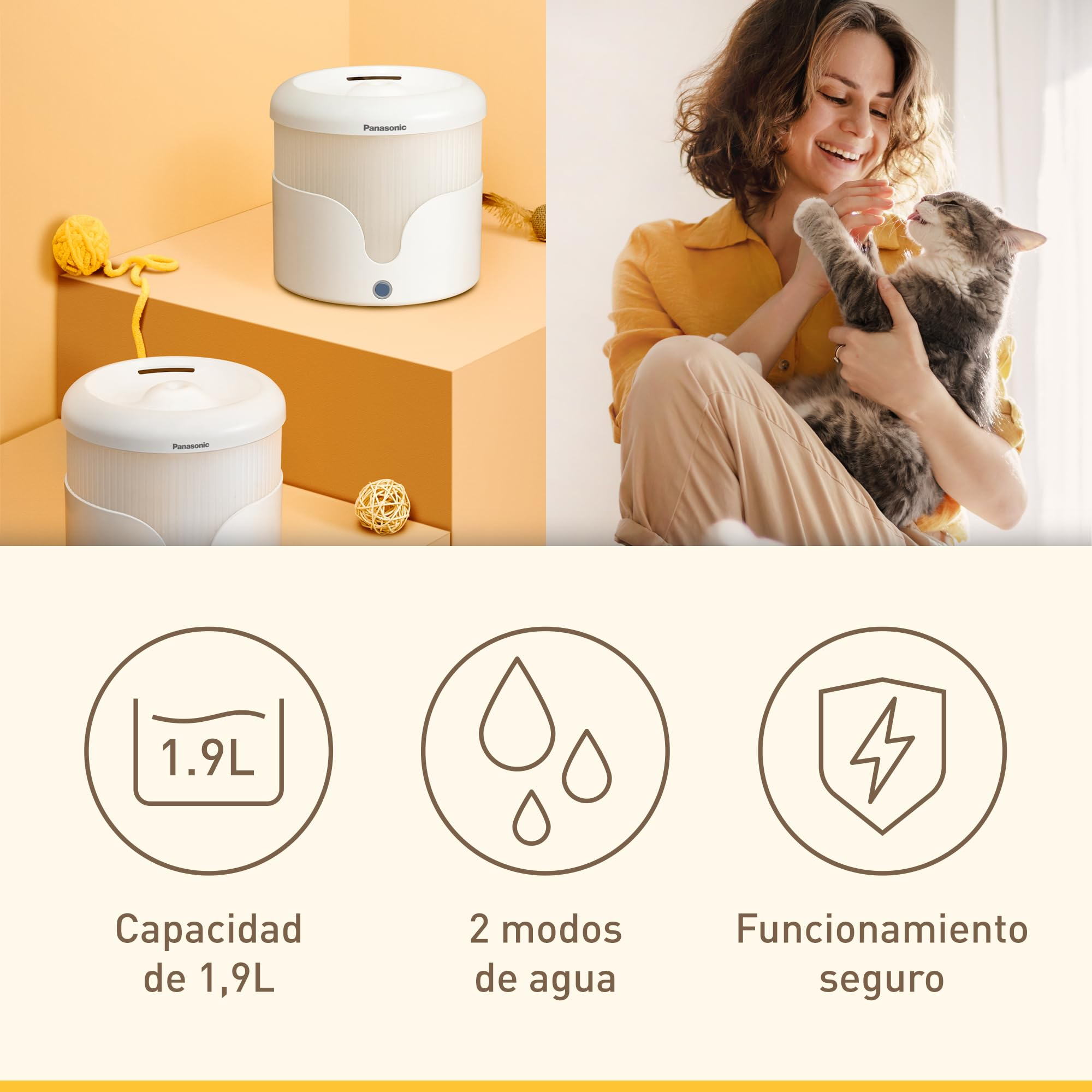 Mujer con gato y dos fuentes de agua blancas para mascotas.