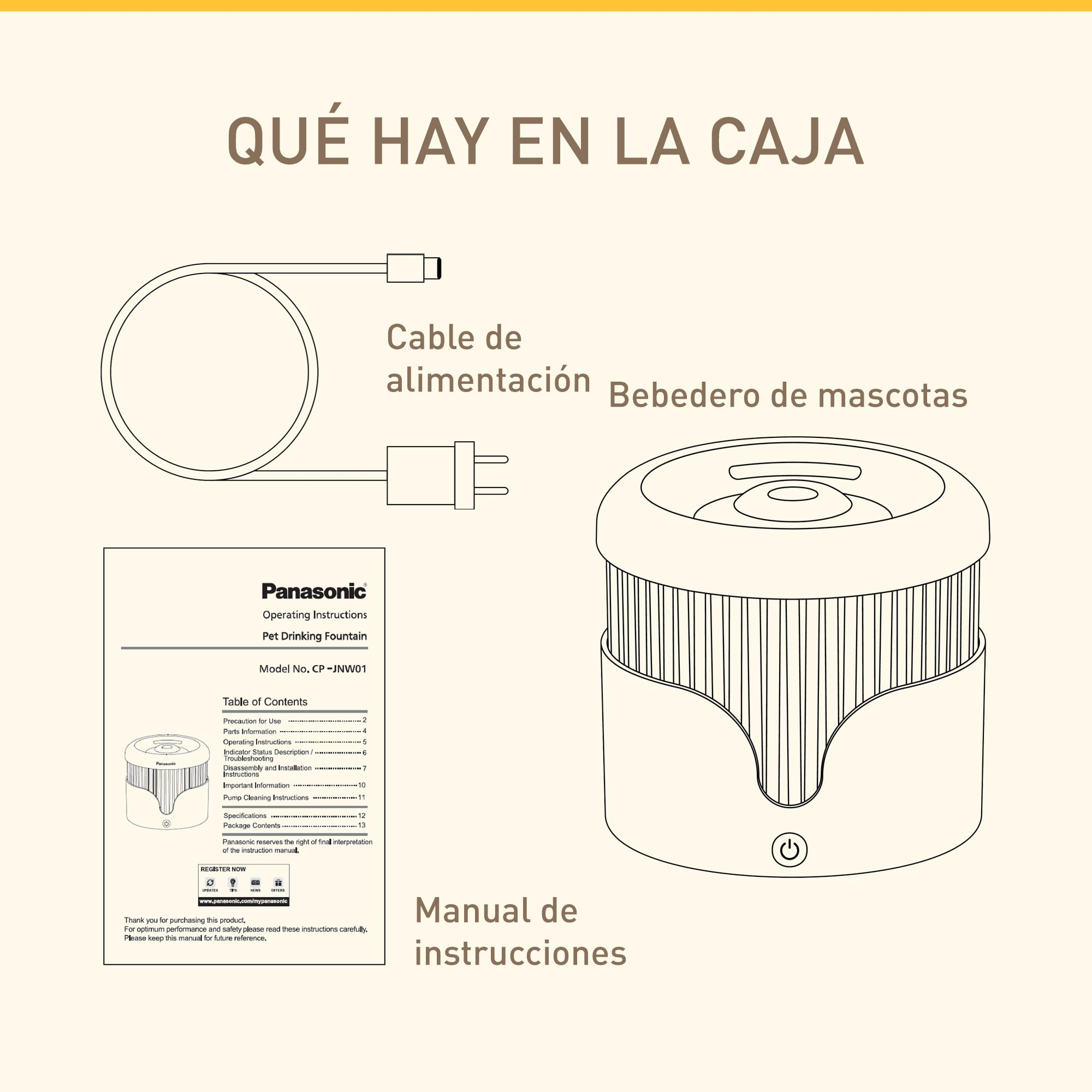 Diagrama de componentes de fuente para mascotas, cable de alimentación y manual.