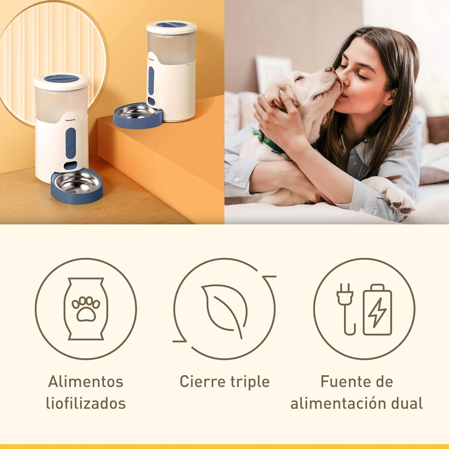 Mujer y perro con dispensador de comida y tres iconos.