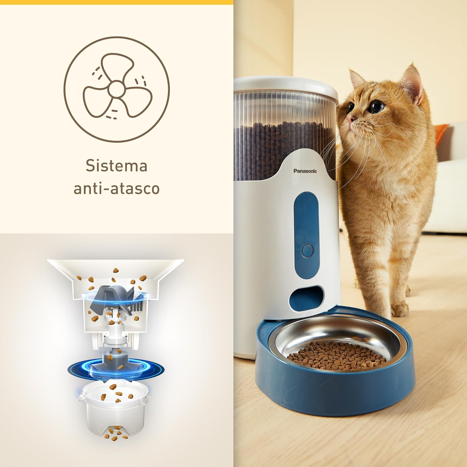 Diagrama que muestra el funcionamiento interno de un comedero para mascotas y un gato.