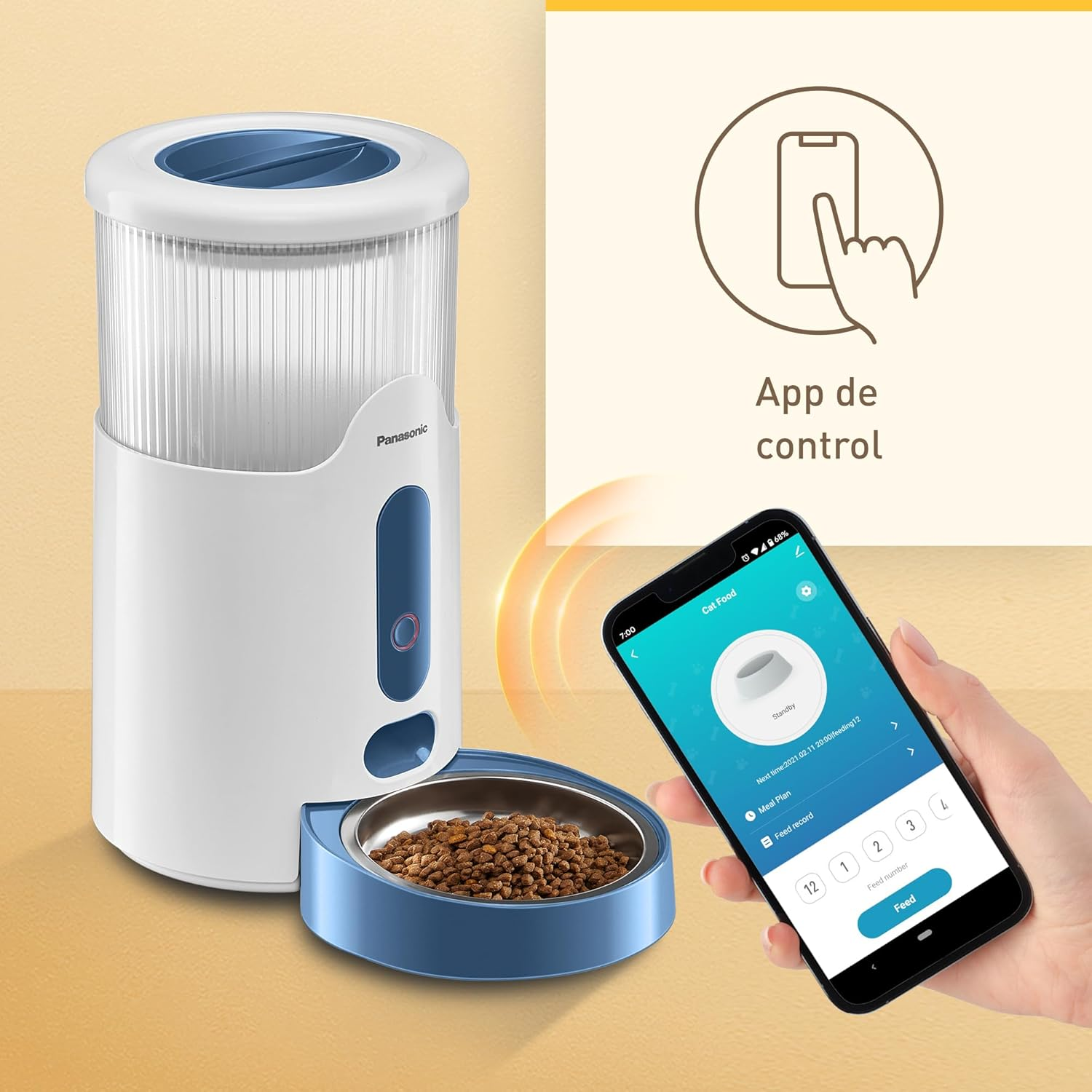 Un comedero para mascotas con un teléfono que muestra un control de aplicación.