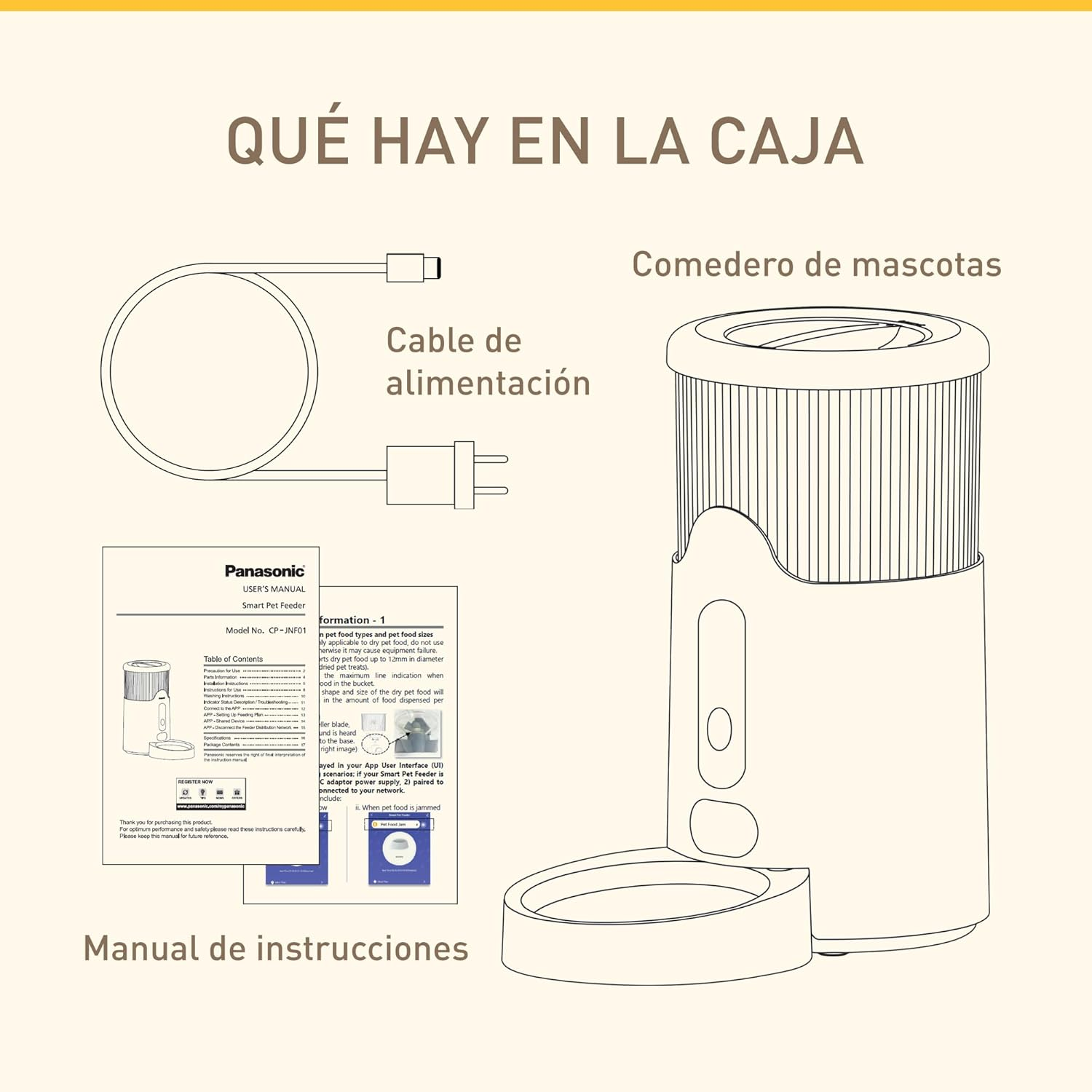 Diagrama de componentes de un dispensador de comida, cable de alimentación y manual.