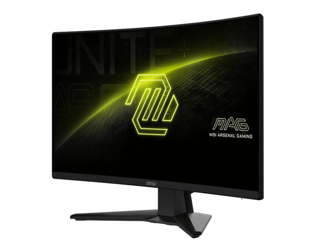Monitor de computadora negro curvado con un logotipo y texto amarillos. Está sobre un soporte negro. Fondo negro.