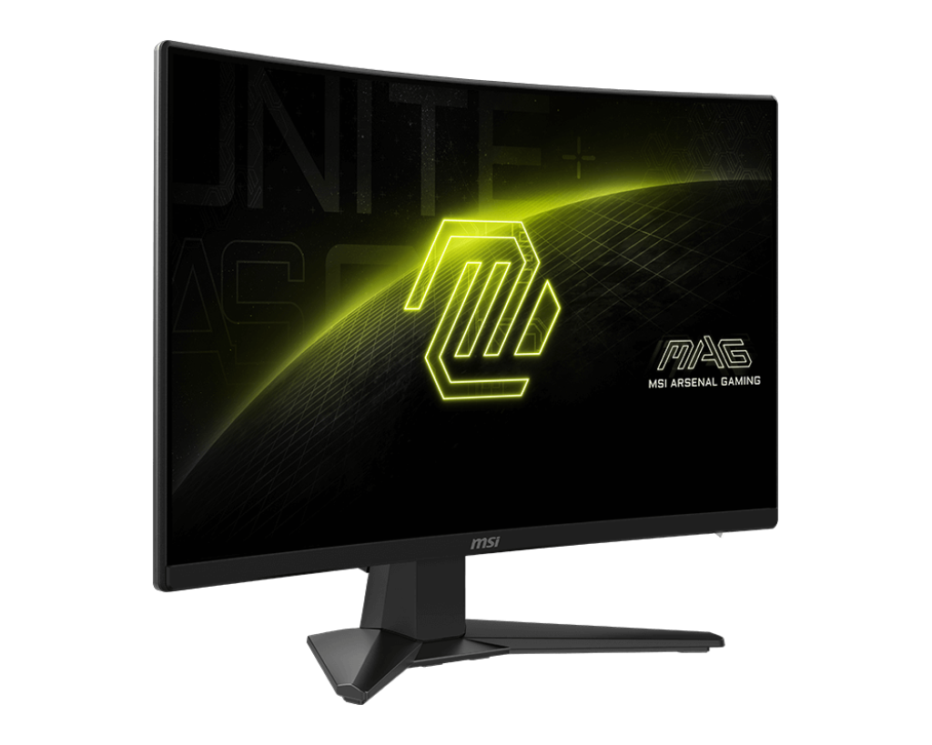 Monitor de computadora negro curvado con un logotipo y texto amarillos. Está sobre un soporte negro. Fondo negro.