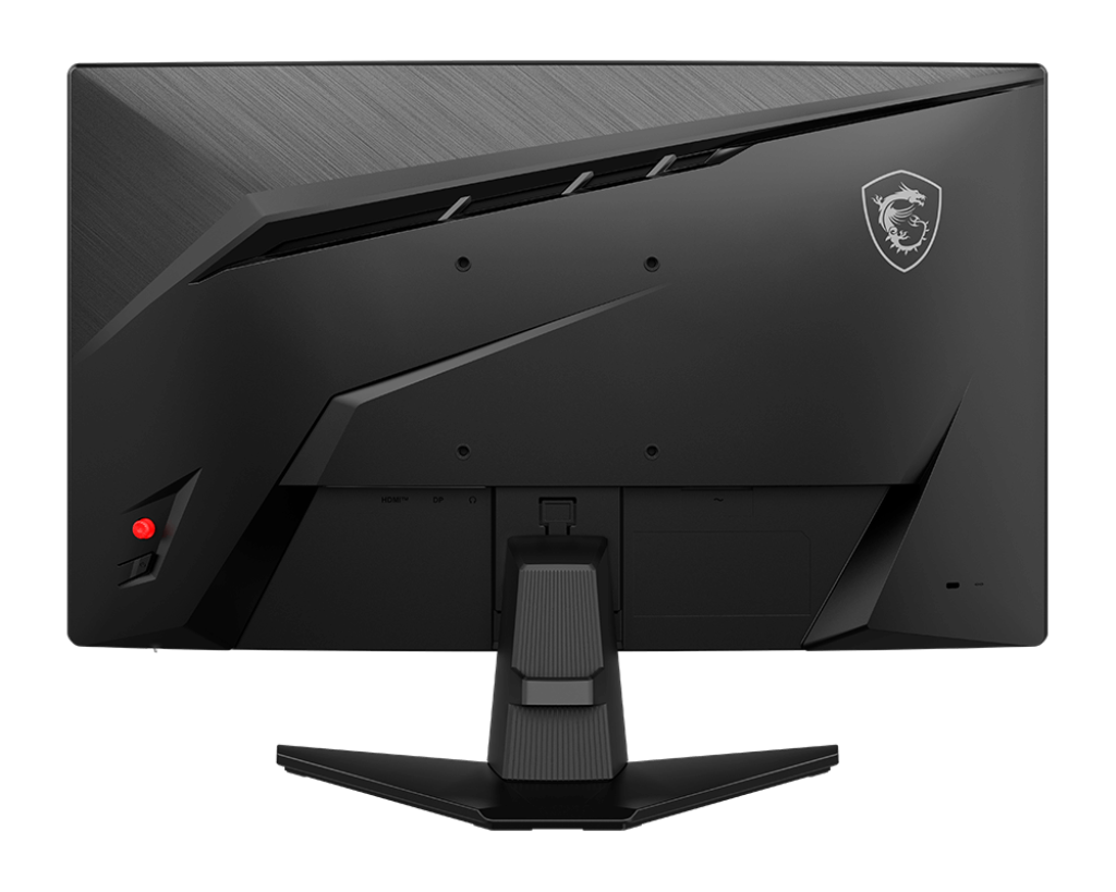 Parte trasera de un monitor de computadora negro con un logotipo de dragón y puertos. Fondo negro.