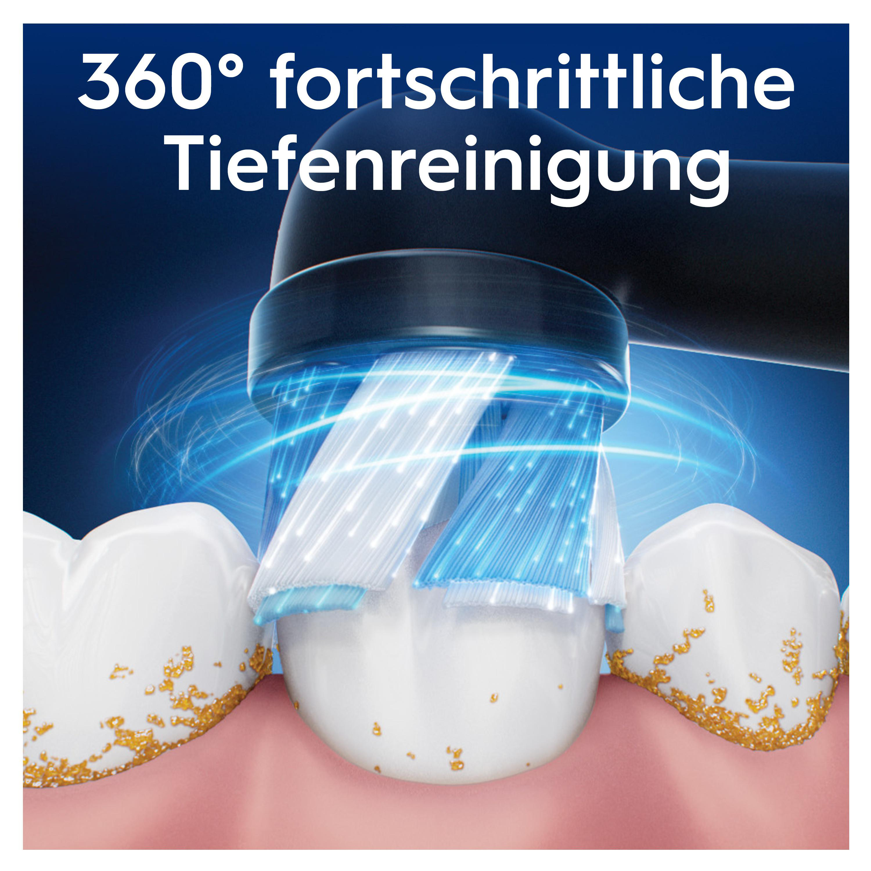 Zahnbürstenkopf, der Zähne putzt. Die Bürste ist schwarz und weiß, die Zähne gelb.
