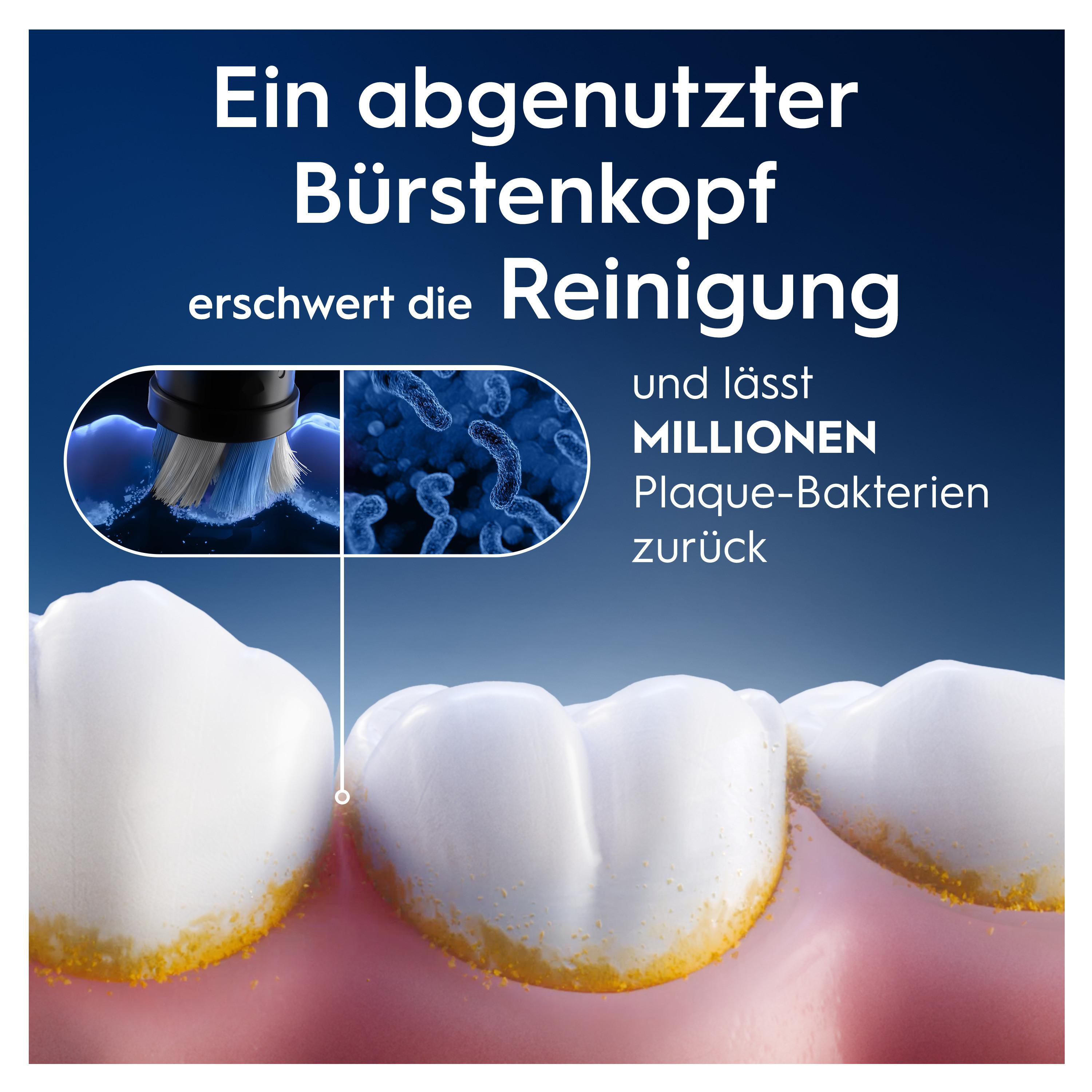 Das Bild zeigt einen abgenutzten Zahnbürstenkopf und Keime. Die Zähne sind vergilbt. Die Bürste reinigt sie.