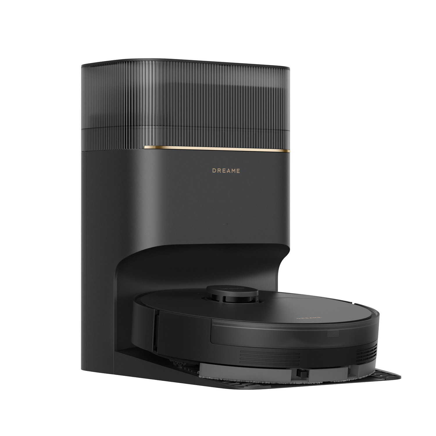 Black robot vacuum cleaner and docking station. The station has a gold trim. White background.