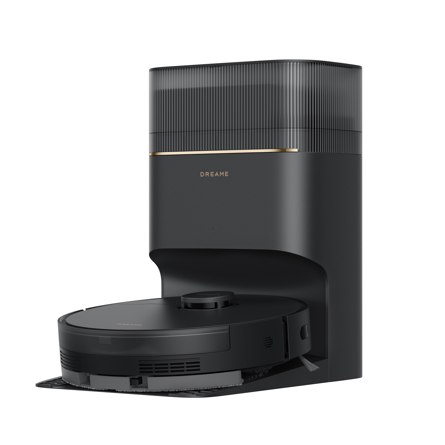 Black robot vacuum cleaner and docking station. The station has a gold trim. White background.