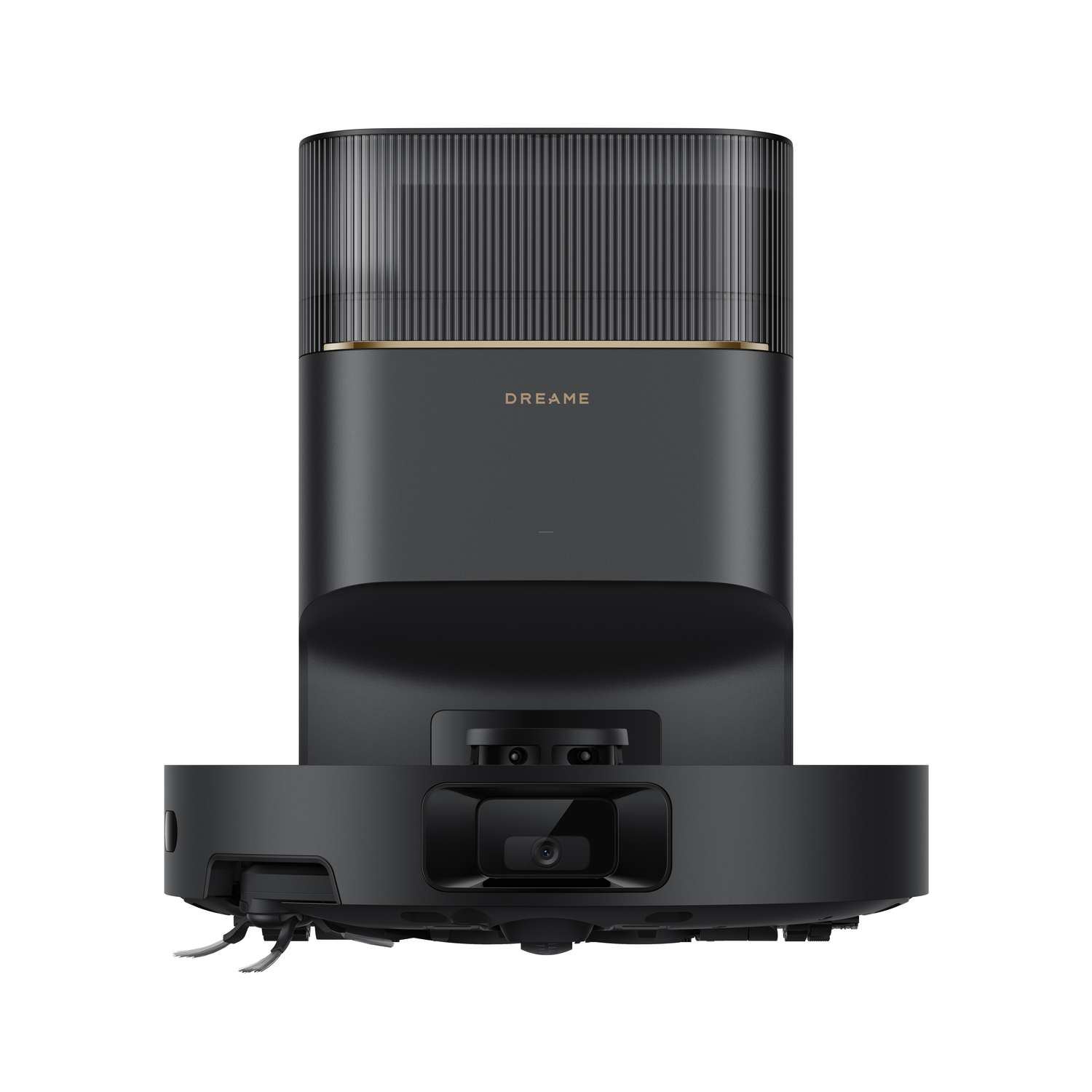 Black robot vacuum cleaner and docking station. The station has a gold trim. White background.