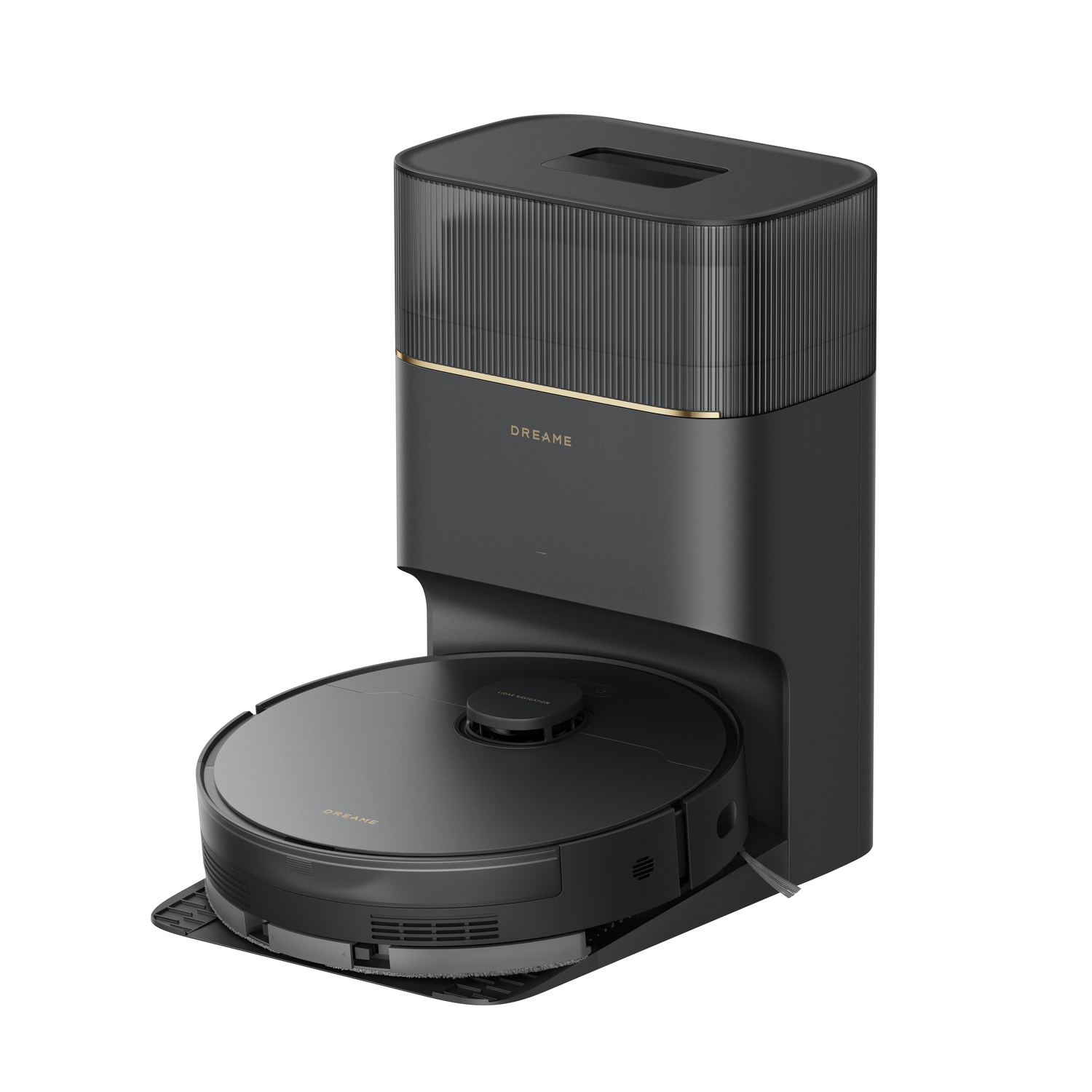 Black robot vacuum cleaner and docking station. The station has a gold trim. White background.