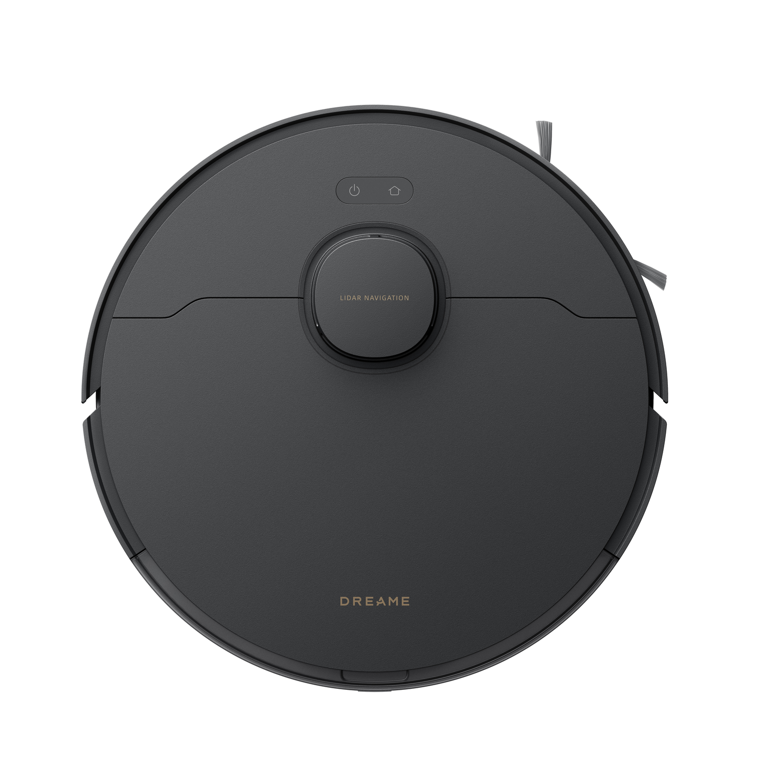 Top view of a dark gray Dreame robot vacuum with power and lidar buttons.