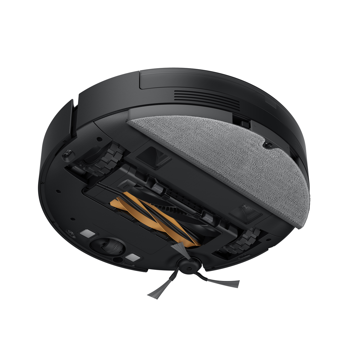 Underside view of a black robot vacuum cleaner, showing the brushes and wheels.