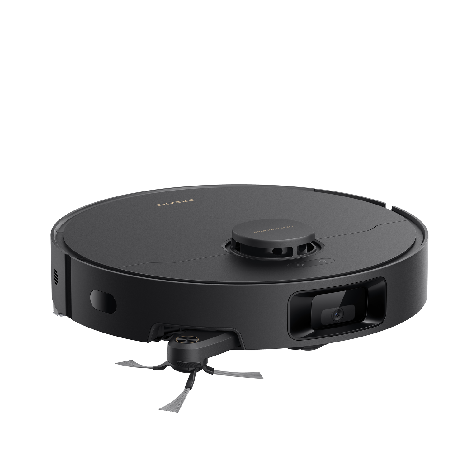 Black Dreame robot vacuum with a rotating brush and a camera at the front.