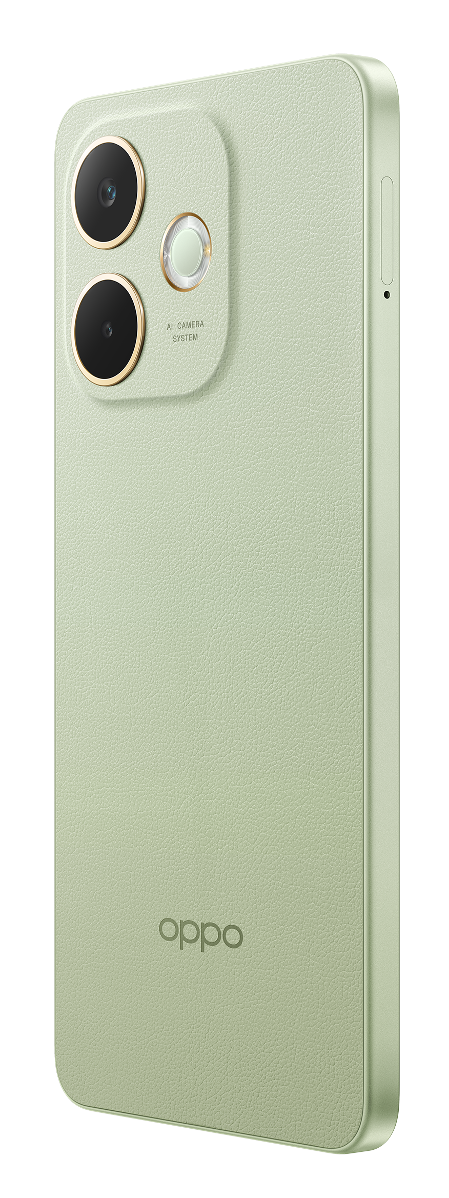 Tył jasnozielonego telefonu, z obiektywami aparatu i logo Oppo. Czarne tło.