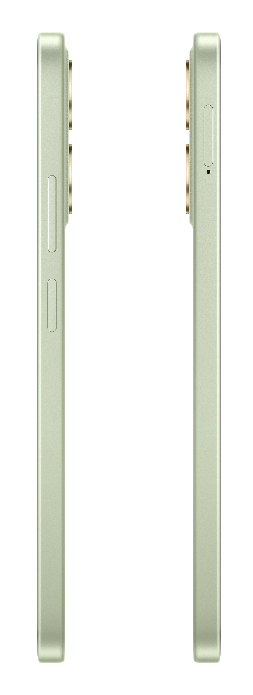 Dwa widoki z boku jasnozielonego smartfona. Czarne tło. Widoczne przyciski i szczegóły aparatu.