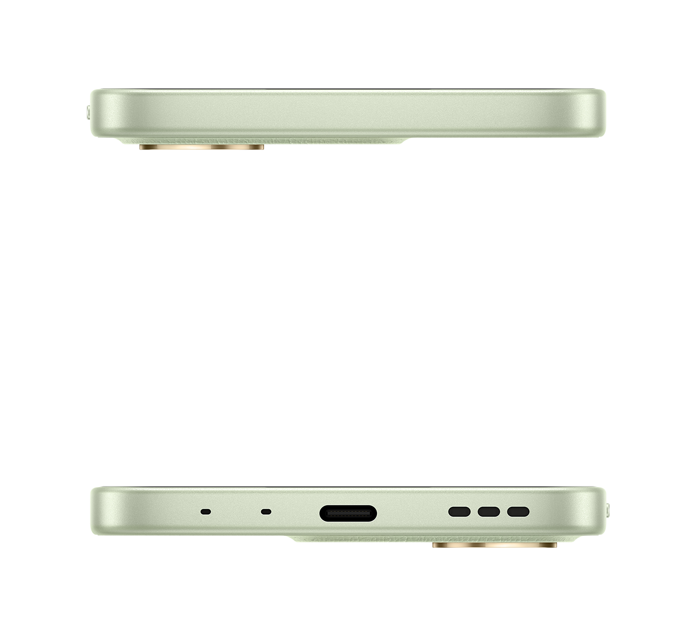 Widok z góry i z dołu jasnozielonego smartfona. Czarne tło. Port ładowania i szczegóły aparatu.