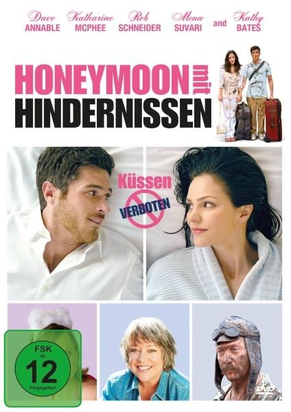 Filmposter mit dem Titel 'Honeymoon mit Hindernissen'. Paare, Schauspieler und ein 'Küssen verboten' Schild sind zu sehen. Bewertung ist 12+.