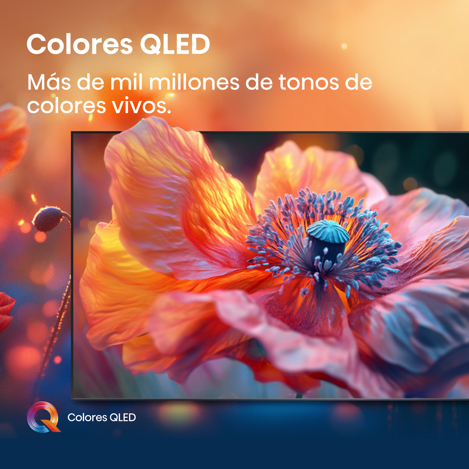 Primer plano de una flor vibrante en una pantalla de TV; el texto dice Colores QLED.