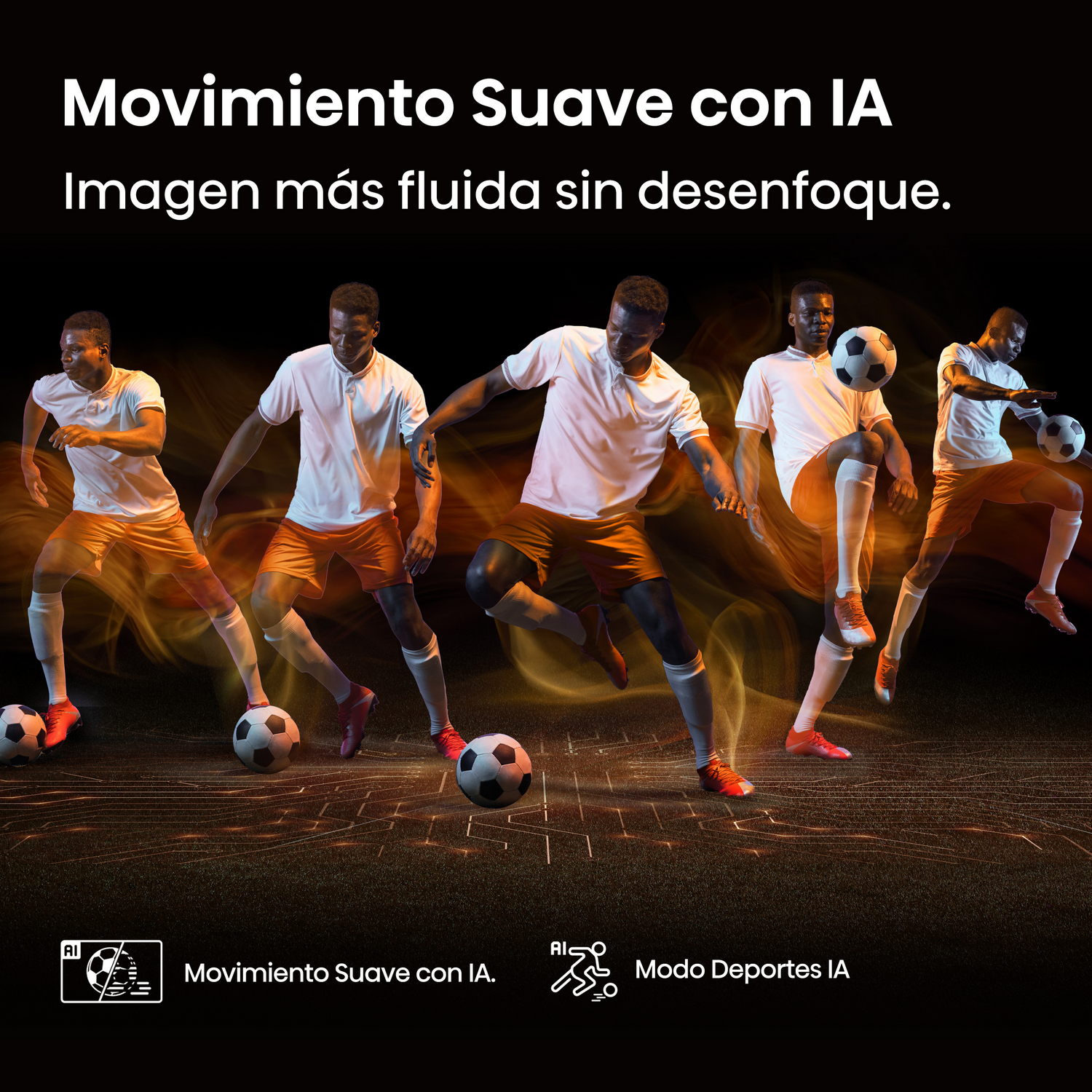Jugadores de fútbol en acción en una pantalla de TV; el texto dice Movimiento Suave con IA.
