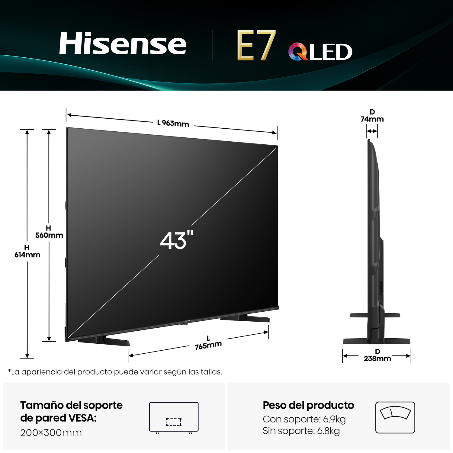 Un televisor Hisense E7 QLED de 43 pulgadas, que muestra dimensiones y el tamaño del soporte VESA.