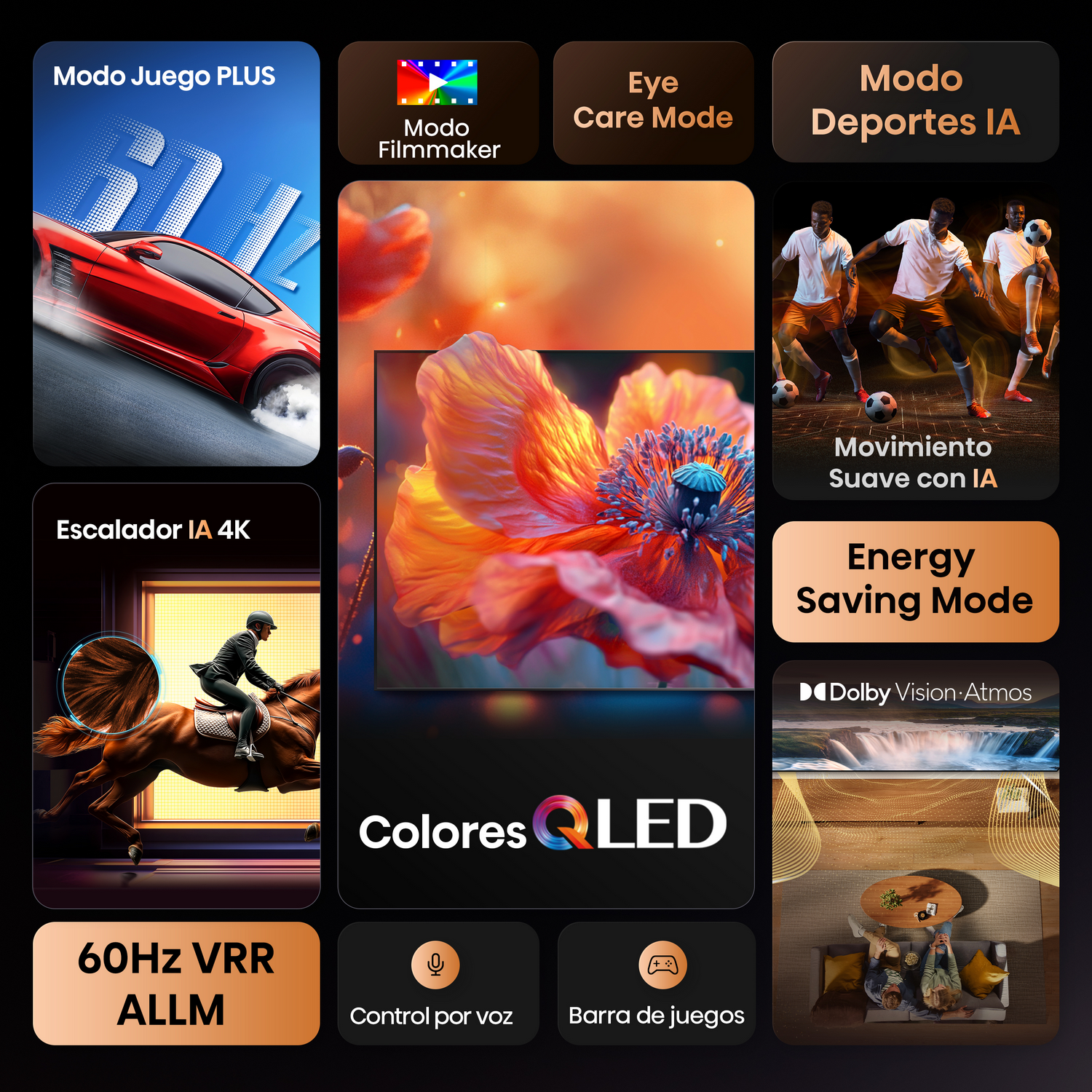 Una pantalla de TV muestra funciones como Modo Juego, Modo Cineasta y Dolby Vision Atmos.