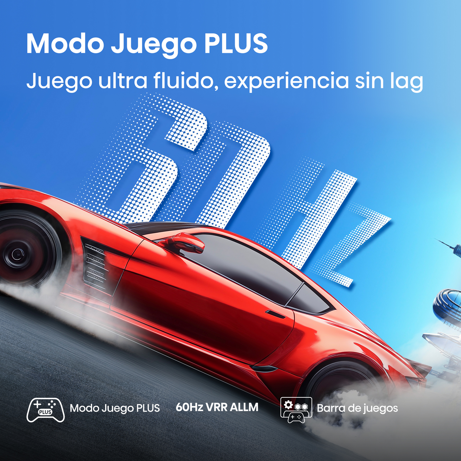 Un coche deportivo rojo se muestra con una pantalla de TV, destacando el Modo Juego PLUS y 60Hz VRR ALLM.