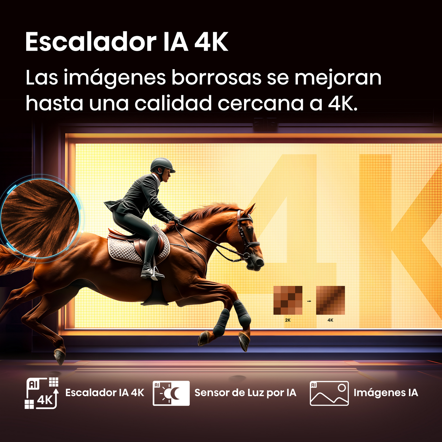 Una persona montando a caballo en una pantalla con el texto 'Escalador IA 4K'.