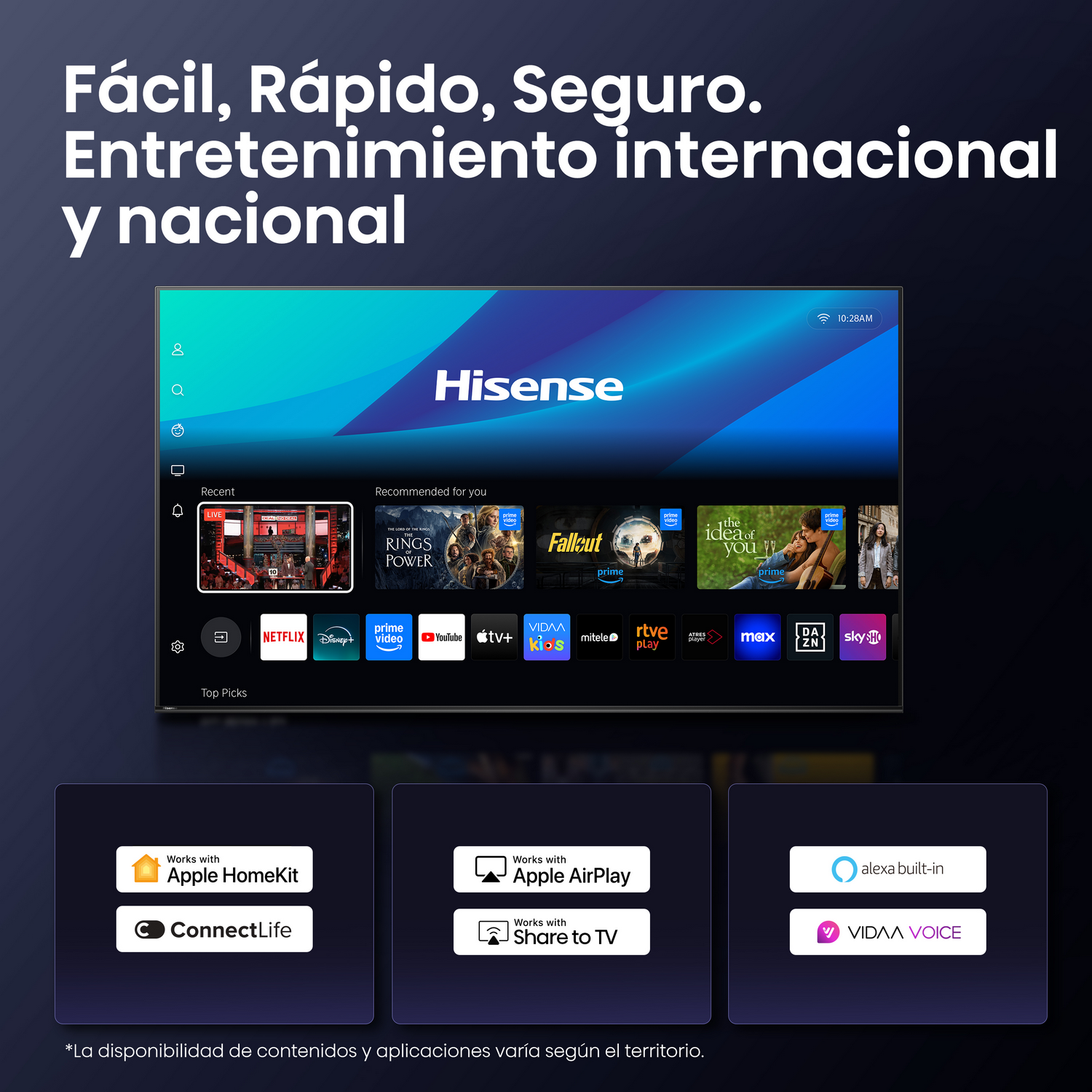 Una pantalla de TV Hisense muestra aplicaciones de transmisión y funciones. Texto: 'Fácil, Rápido, Seguro'.