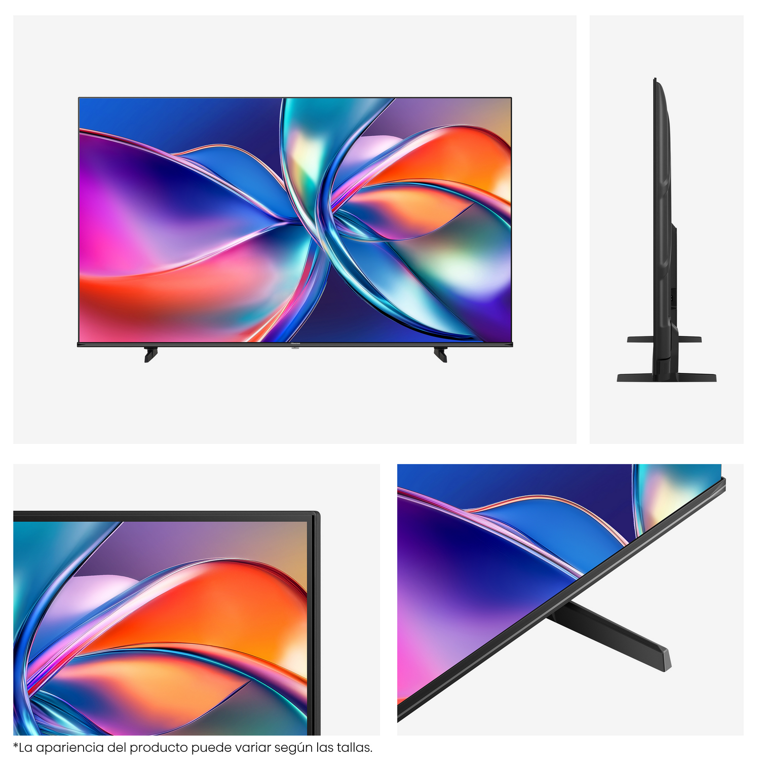 Un televisor Hisense se muestra desde múltiples ángulos: frontal, lateral y un primer plano del soporte.