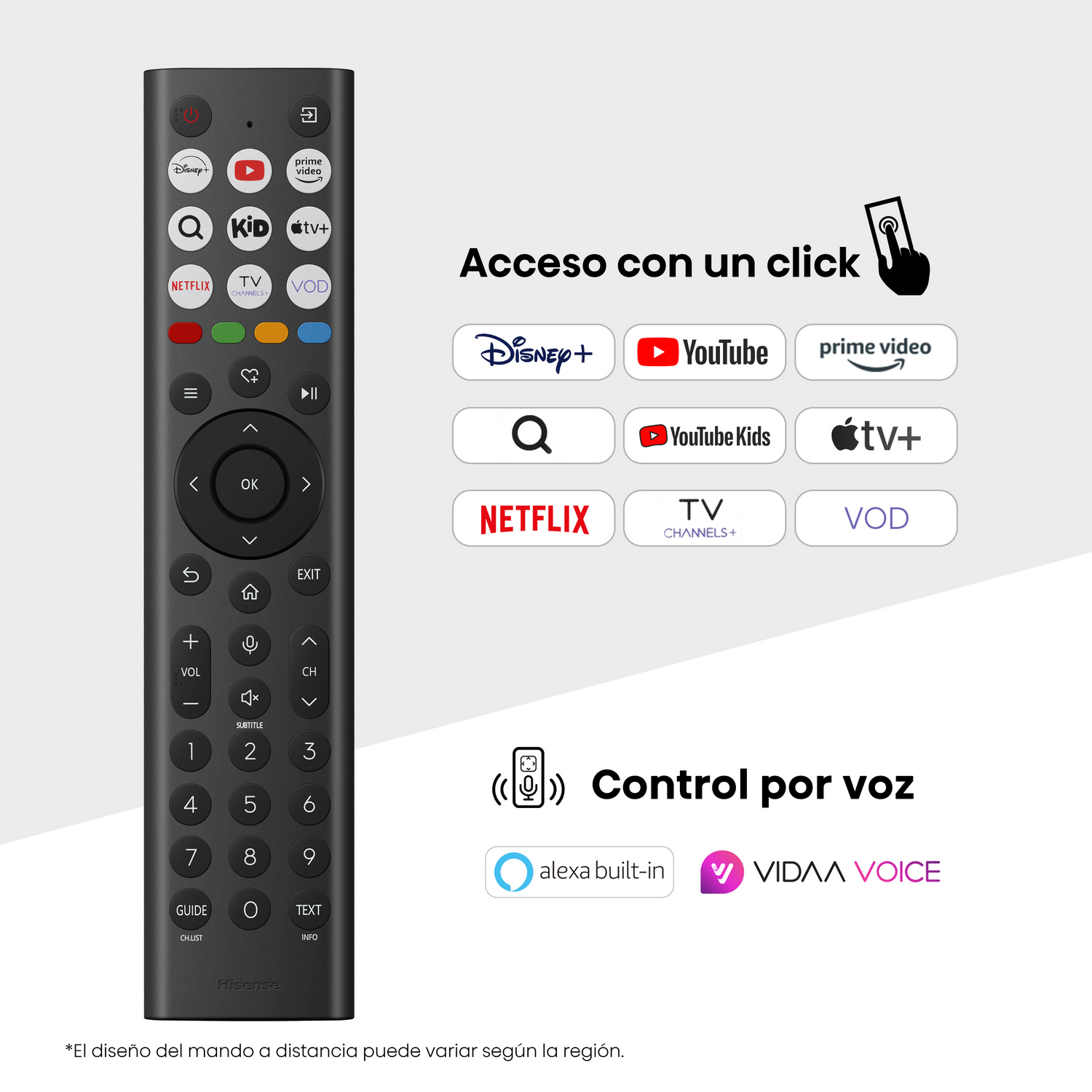 Un mando a distancia Hisense con varios botones para servicios de transmisión y funciones de control por voz.