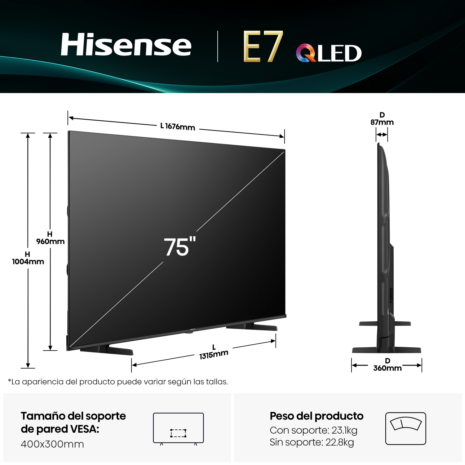 Un televisor Hisense E7 QLED con dimensiones e información sobre el montaje en pared VESA.